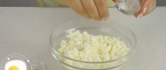 Чтобы приготовить рулет из лаваша с творожным сыром, немного разминаем творог вилкой и солим его по вкусу.